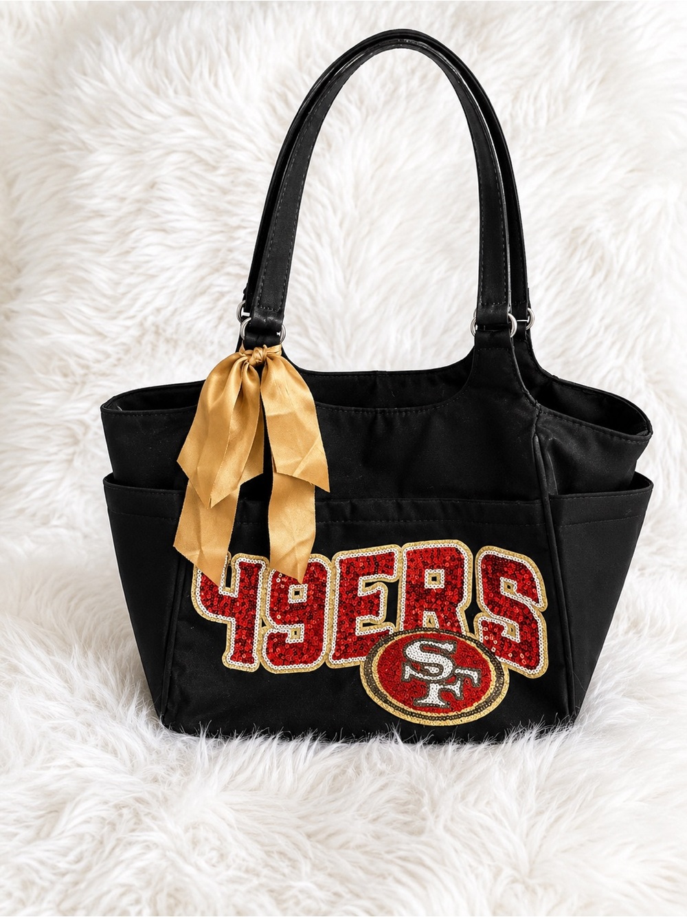 Custom Black 49ers Tote Bag with Gold Bow